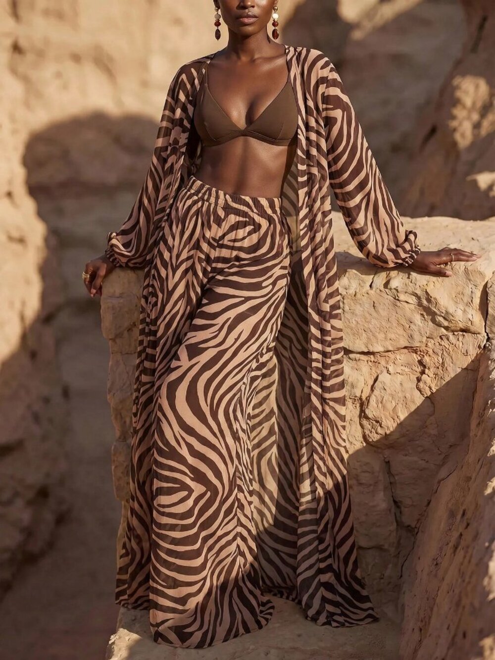 Brown Zebra Print Women's Lantern Sleeve Kimono Cover Up & Wide Leg Pants Set - Picture 9 of 9